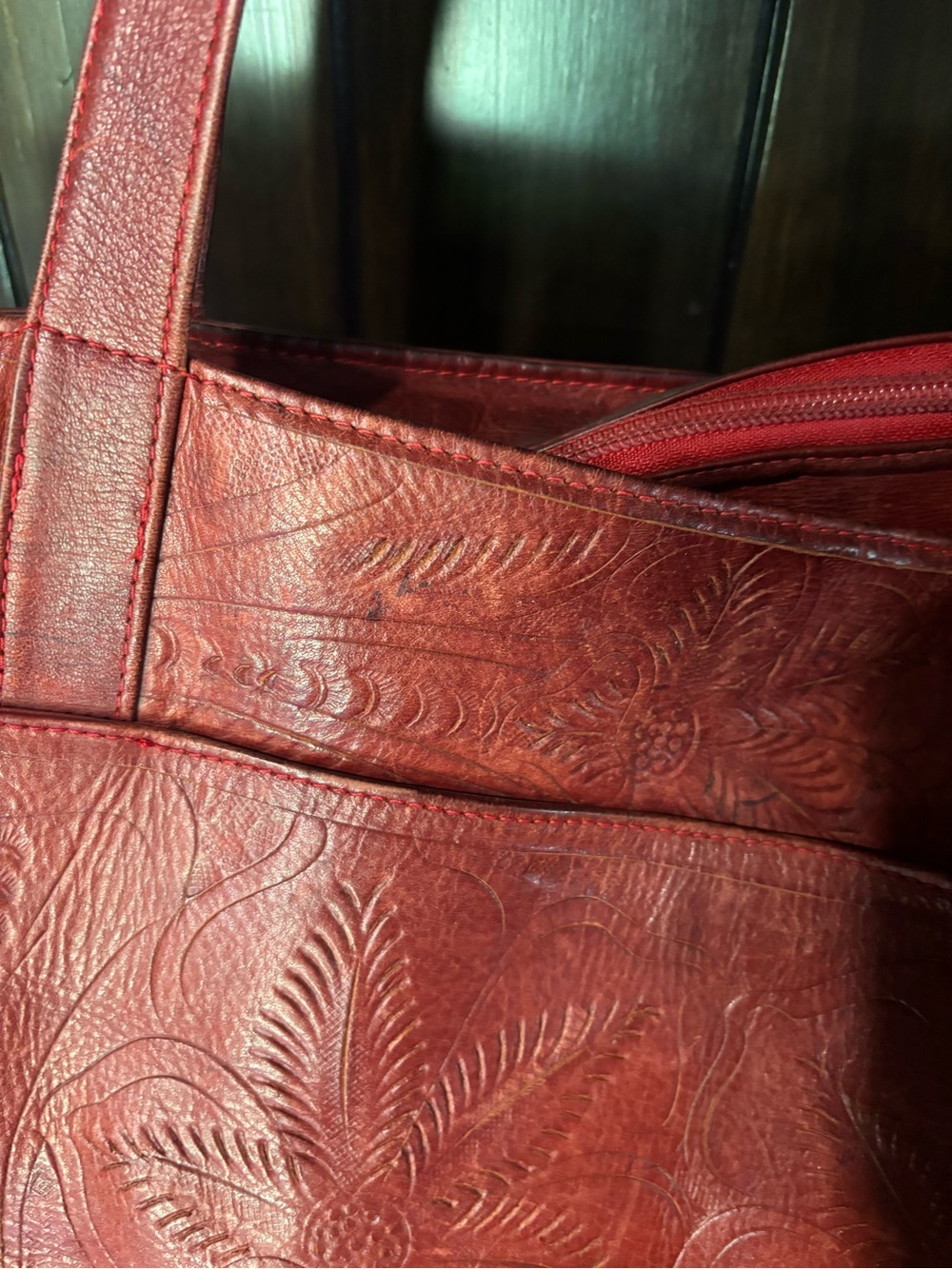 Red leather purse large bag embossed design western boho